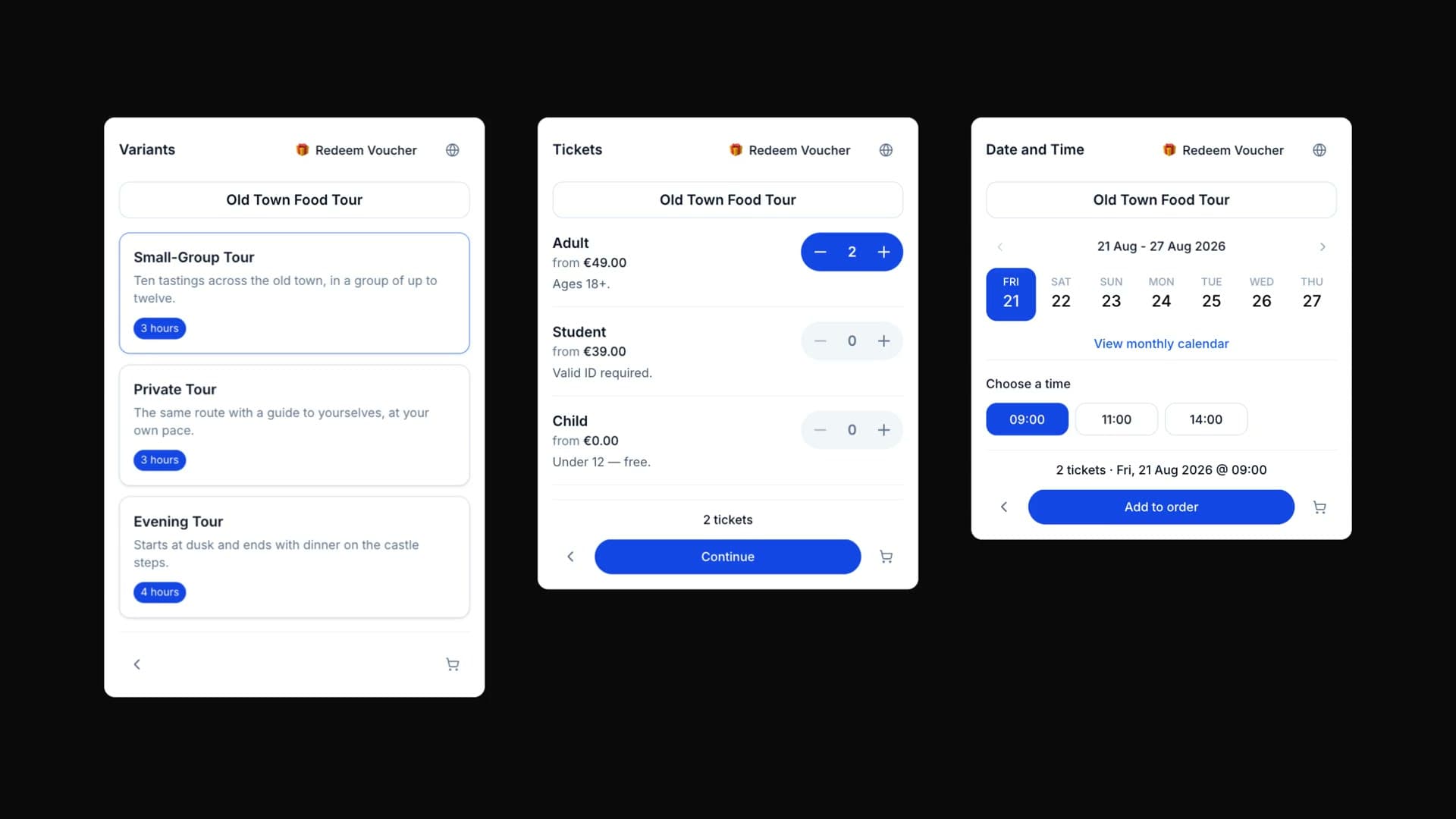 The widget's Variants, Tickets and Date and Time screens come apart like bricks and reassemble as one combined booking screen.