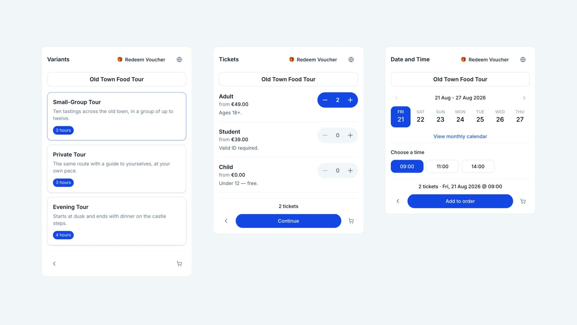 The widget's Variants, Tickets and Date and Time screens come apart like bricks and reassemble as one combined booking screen.